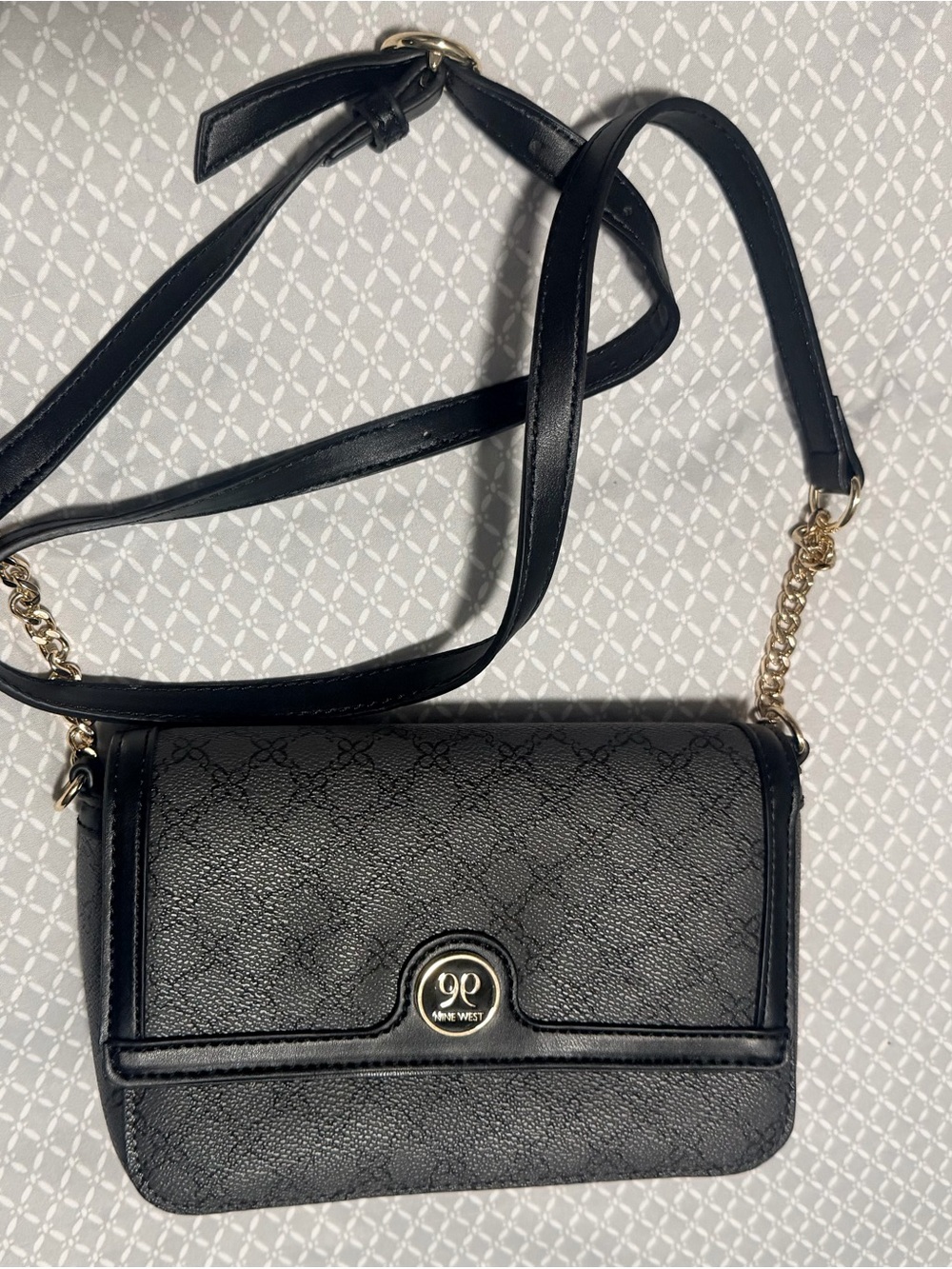 Nine West Black Textured Crossbody with Gold Chain Accents